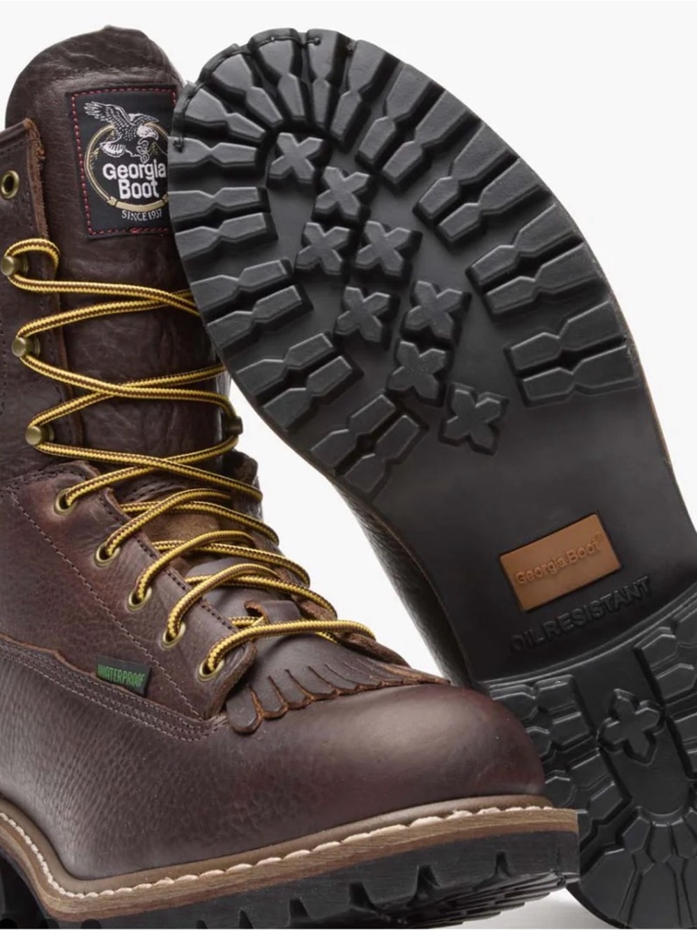 Georgia Boot Brown Leather Waterproof Work Boots with Black Lug Sole